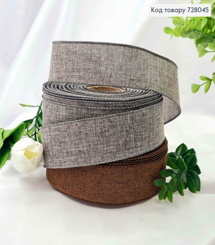Лента мешковина с проволочным кантом,КОРИЧНЕВАЯ/СЕРАЯ в ассортименте, шир 3,8см, длина 25ярдов (23м) 728045 фото 1
