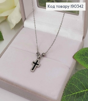 Ланцюжок родований з підвіскою хрестиком з чорною емаллю 1,5*1см, та кульками, 46+5см, Stainlles Sti 190342 фото