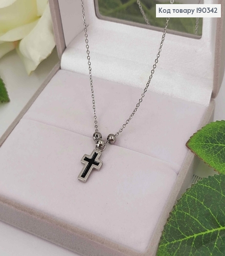 Цепочка родована с подвеской крестиком с черной эмалью 1,5*1см, и шариками, дл. 46+5см, Stainlles Still 190342 фото 1