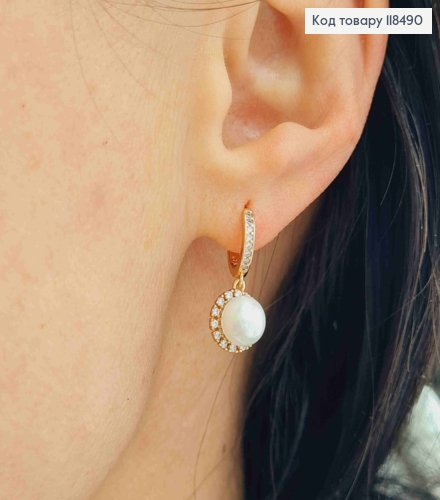 Сережки кільця (1см) з підвісною Перлинкою в оправі з камінців, 0,9см, XUPING 18K 118490 фото 3