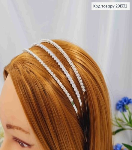 Обруч металл, с Блестящими камешками в три ряда, 3,4см, Серебряного цвета 291332 фото 2