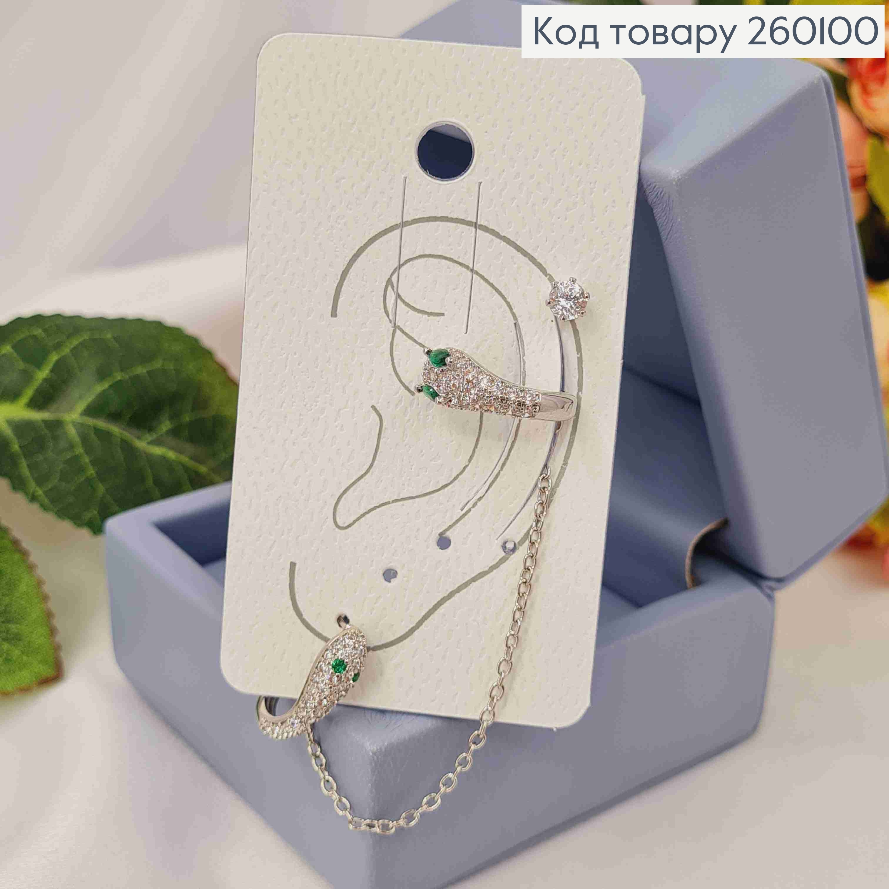 Набор сережек, Кафы(1шт)+Гвозди(2шт), ЗМЕЯ украшена камешками, Серебряного цвета, Сталь 260100 фото 3