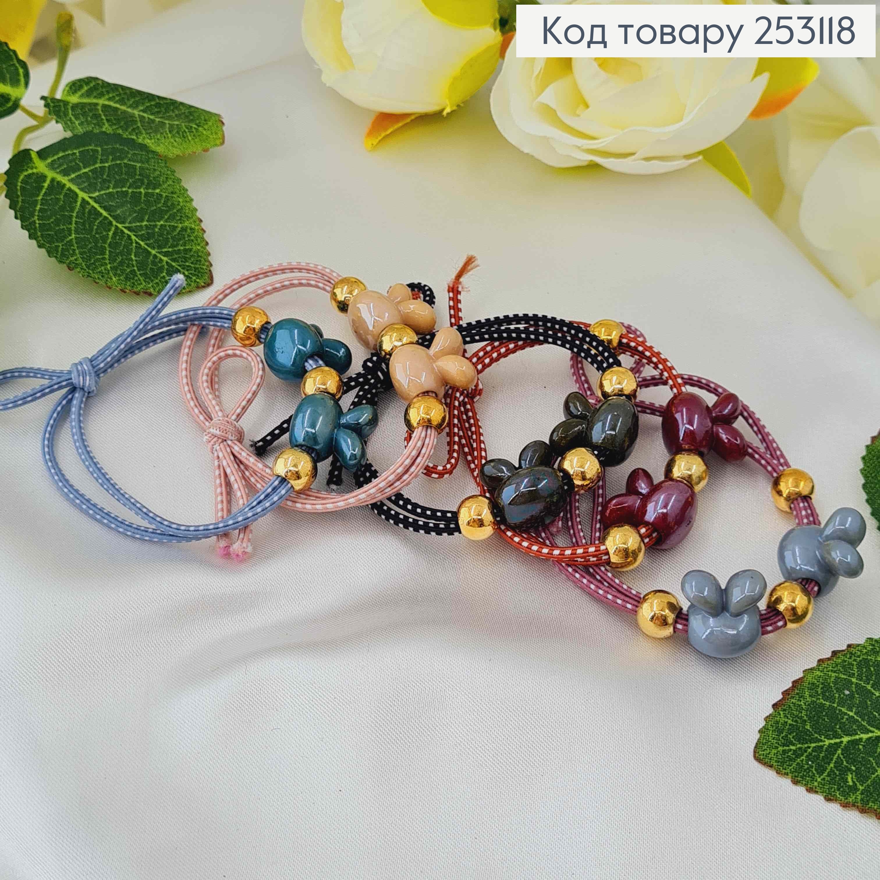 Резинка в горошек, с бусиной зайкой, цвета в ассорт. 253118 фото 2