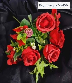 Искусственная композиция Розы с Жасмином, КРАСНОГО цвета, 7 веточек на металл. стержни, высота 33см 551456 фото