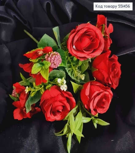 Искусственная композиция Розы с Жасмином, КРАСНОГО цвета, 7 веточек на металл. стержни, высота 33см 551456 фото 1