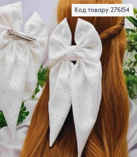 Бант БЕЛЫЙ со стразами, на заколке 6,5см, ткань креп, размер 13*24см, ручная работа 276154 фото