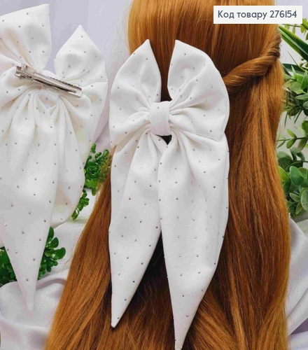 Бант БЕЛЫЙ со стразами, на заколке 6,5см, ткань креп, размер 13*24см, ручная работа 276154 фото 1