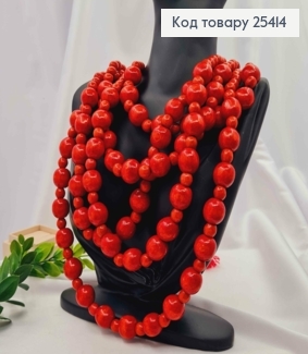 Намисто дерев'яне, ЧЕРВОНОГО кольору з Китичками, 65см, ручна робота 25414 фото