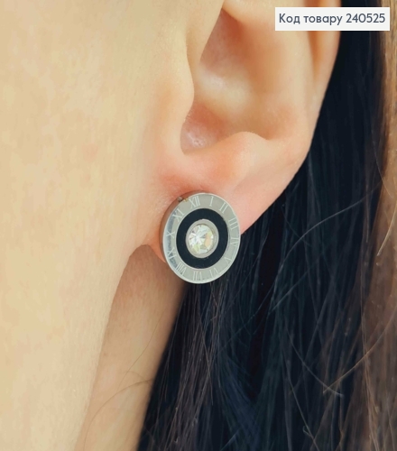 Серьги гвоздики "Римские часы" с черной вставкой и камнем, 1.4см, Stainless Steel 260027 фото 3