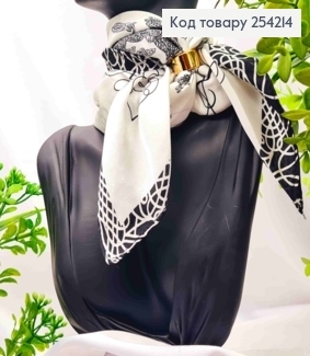 Платок с колечком, Белого цвета с рисунком "Цветок", 70*70см, 100% полиэстр (шелк) 254214 фото