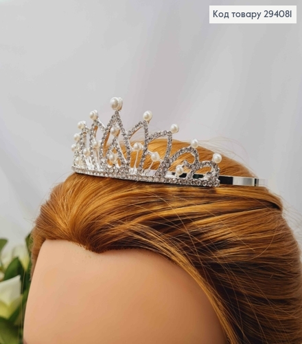 Диадема - маленькая Тиара под серебро с белыми бусинками камешками, 3,5см на верхушке 294081 фото 2