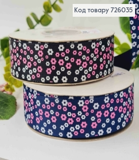 Лента репсовая, ЧЕРНАЯ/СИНЯЯ с принтом "Цветы" (в ассорт.), ширина 2,5см, длина 25 ярдов(23м) 726035 фото