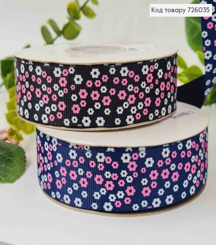 Лента репсовая, ЧЕРНАЯ/СИНЯЯ с принтом "Цветы" (в ассорт.), ширина 2,5см, длина 25 ярдов(23м) 726035 фото 1