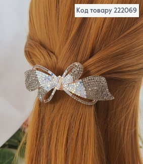 Заколка автомат Бантик с серо-розовыми камнями 10см 222069 фото