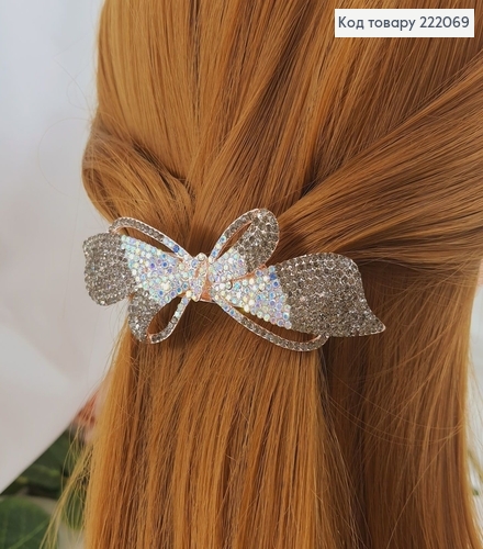 Заколка автомат Бантик с серо-розовыми камнями 10см 222069 фото 1