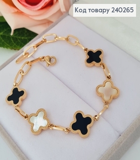 Браслет 20 см Van Cleef с чёрной и белой эмалью, цвет золотой, Stainless Steel 240265 фото