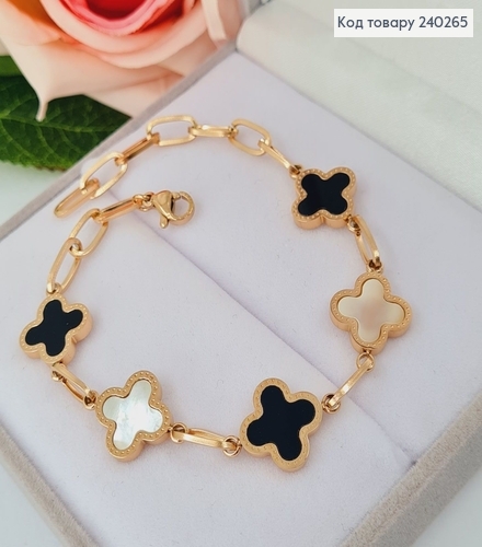 Браслет 20 см Van Cleef с чёрной и белой эмалью, цвет золотой, Stainless Steel 240265 фото 1