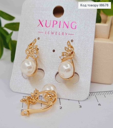 Серьги "Сказочные" с Блестящими камешками и Жемчужкой, 2см, английская застежка, Xuping 18К 118678 фото 1