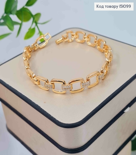 Браслет плетения Квадратными пластинами с блестящими камешками, длина 17+2см, Xuping 18K. 151099 фото 1