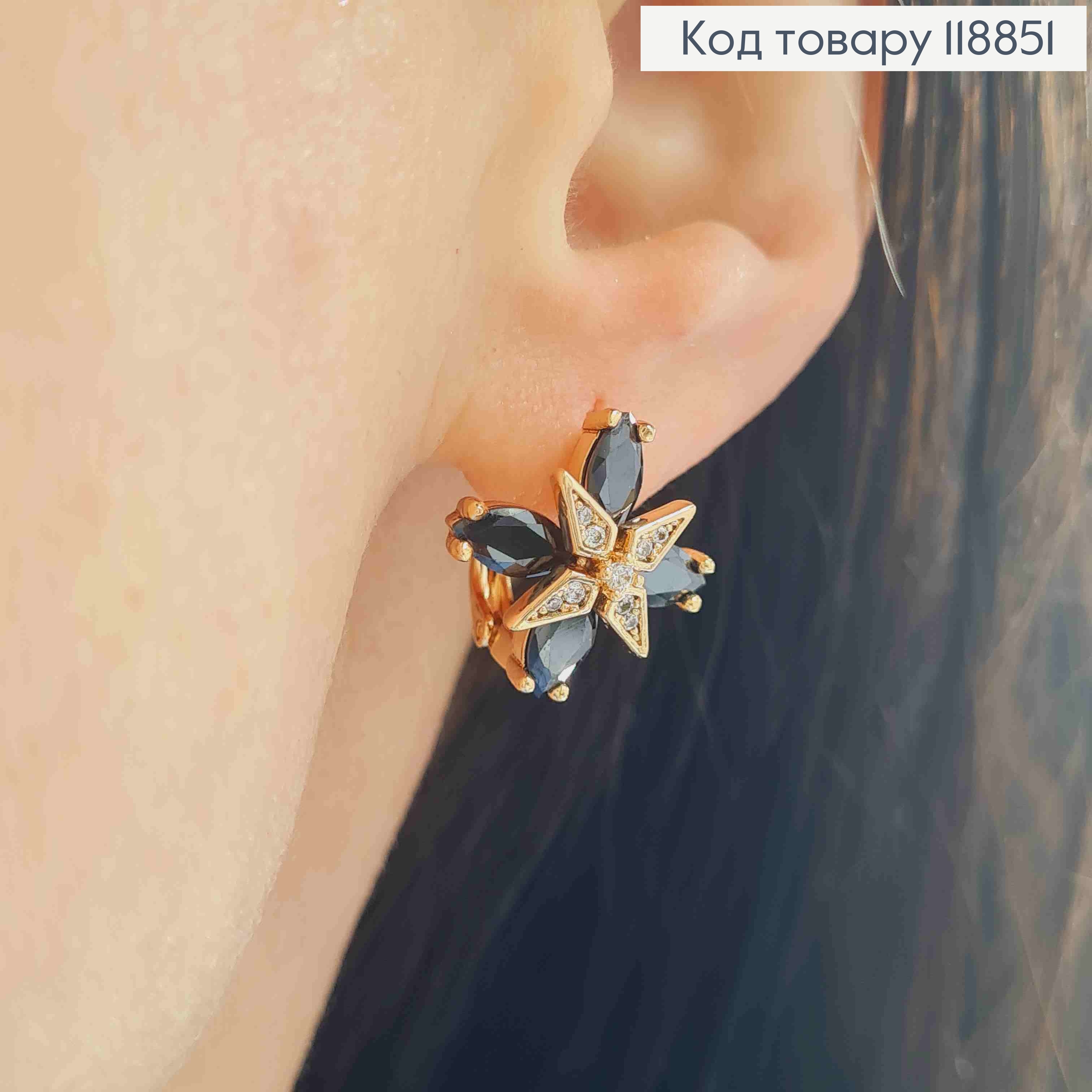 Серьги "Звездный Цветок" с Черными и Блестящими камешками, 1,5см, английская застежка, Xuping 18К 118851 фото 3