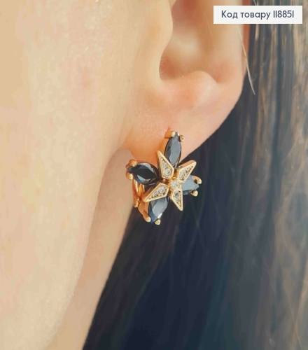Сережки "Зоряна Квітка" з Чорними та Блискучими камінцями, 1,5см, англійська застібка, Xuping 18К 118851 фото 3