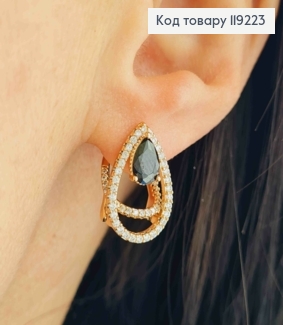 Серьги "Капельки" с Черным камнем, 1,8см, итальянская застежка, Xuping 18K 119223 фото