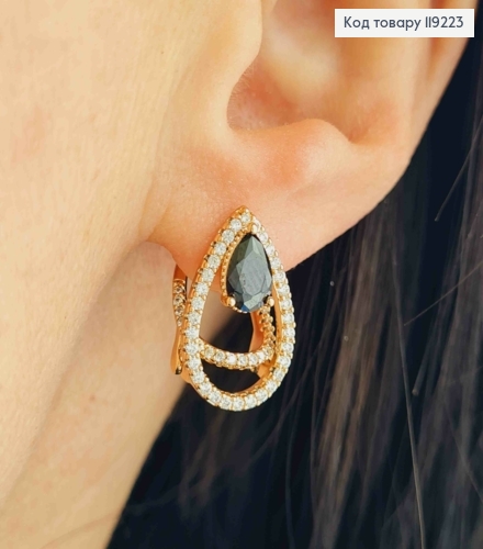 Сережки "Краплинки" з Чорним каменем, 1,8см, італіййська застібка,  Xuping 18K 119223 фото 1