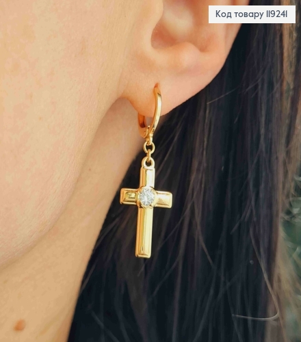 Серьги кольца с подвеской Крестик с камнем (2,2*1,2см), диаметр 1,1см, Xuping 18K 119241 фото 2