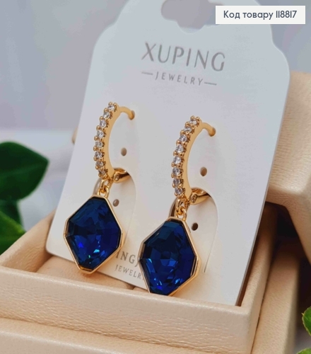 Сережки кільця (1,3см) з підвісним граненим Темно-Синім каменем Сваровскі (1,3см), Xuping 18К 118817 фото 2