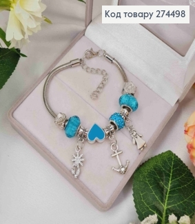 Браслет "ПАНДОРА" с Голубой шармиком (Девочка-Цветок-Якир), серебряного цвета, бижутерия 274498 фото