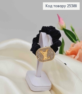 Резинка жатка 6см, Чорного кольору, з пластинкою "Луї Вітон" в камінцях 253181 фото
