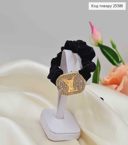 Резинка жатка 6см, Чорного кольору, з пластинкою "Луї Вітон" в камінцях 253181 фото 1