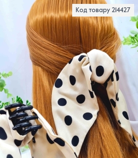 Краб пластик з Бантиком з атласної тканини, Бежевого кольору в горошок, бант 15см, краб 3см 214427 фото