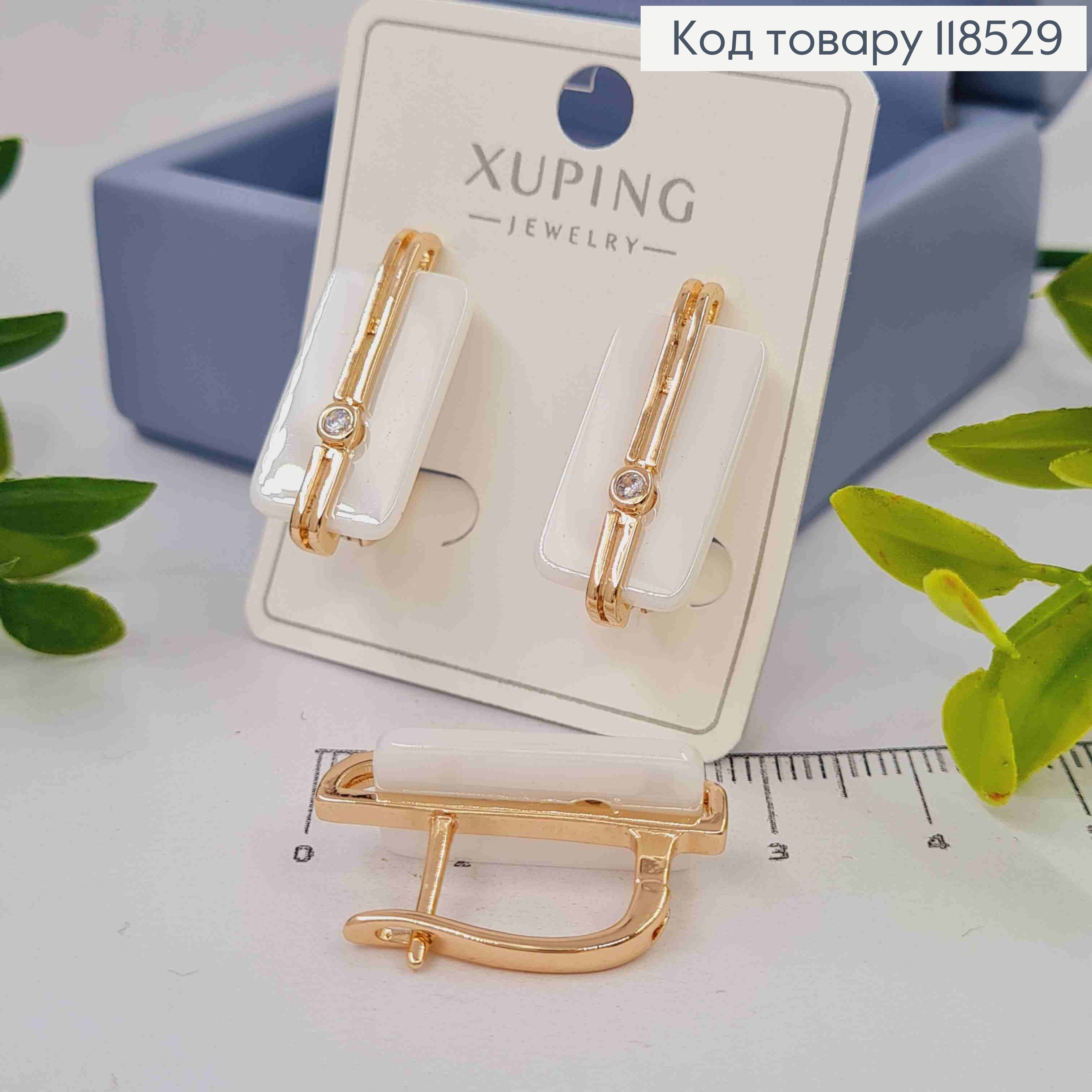 Серьги "Венера" с белой пластинкой и камешком, 2,5см, англ. зам. Xuping 18K 118529 фото 2