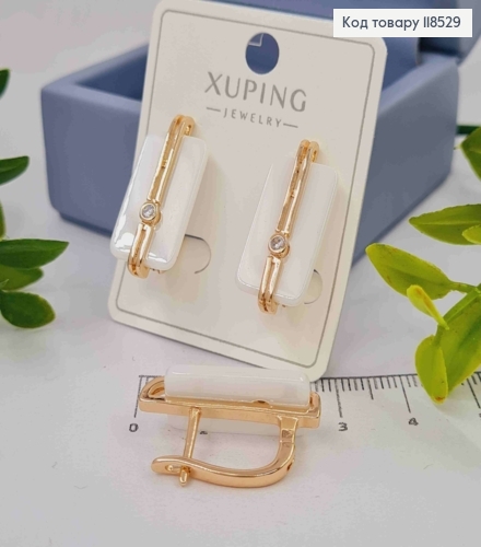 Серьги "Венера" с белой пластинкой и камешком, 2,5см, англ. зам. Xuping 18K 118529 фото 2