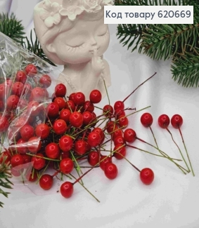 Декор Новогодний, "Ягодка Рябины" (100шт/уп), КРАСНОГО цвета, 1см+5см 620669 фото