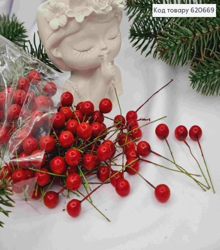 Декор Новогодний, "Ягодка Рябины" (100шт/уп), КРАСНОГО цвета, 1см+5см 620669 фото 1