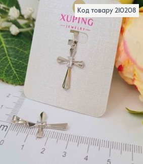 Крестик родованный, объемный с гранями и прямоугольным камешком, 2*1,5 см, Xuping 210208 фото