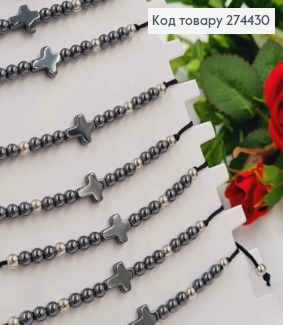 Браслет на затяжке, ЧЕРНЫЙ гематитовый с бусинками и КРЕСТИКОМ 274186 фото