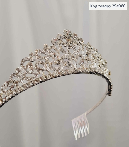 Диадема - Тиара "ТЕНДИТНАЯ" под серебро с белыми камнями, 4см самая высокая точка. 294086 фото 1