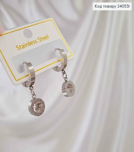 Серьги кольца, Римские часы с камешком, цвет серебряные, Stainless Steel 240531 фото 2