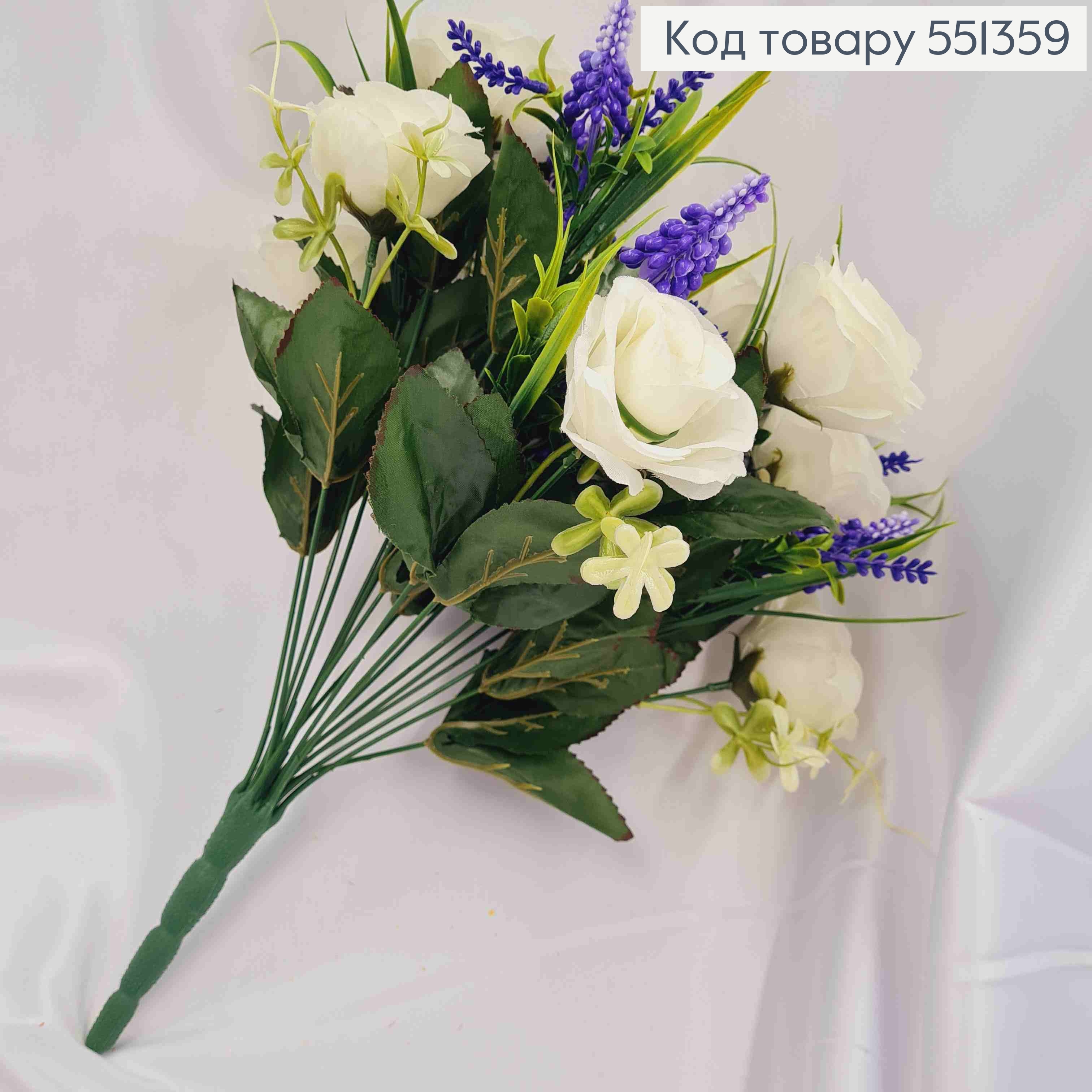 Искусственная композиция Белые розы с лавандой, 18 веток с цветами на металлическом стержне, 42см. 551359 фото 3