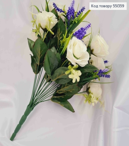 Штучна композиція Білі ТРОЯНДИ з ЛАВАНДОЮ, 18 гілок з квітами на металевому стержні, 42см 551359 фото 3