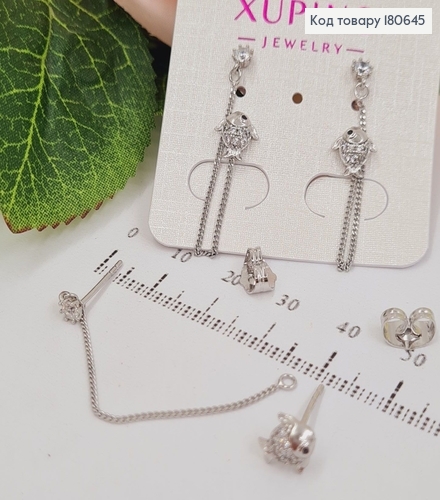 Сережки родированые рыбки с камнями на два прокола, Хuping 180645 фото 1