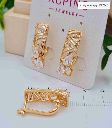 Серьги Прямоугольные украшены яркими камешками, длина 2,2см, английская застежка, Xuping 18k. 119262 фото 3