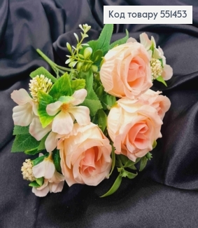 Искусственная композиция Розы с Жасмином, ПЕРСИКОВО-КРЕМОВЫЕ, 7 веточек на металл. стержни, высота 33см 551453 фото