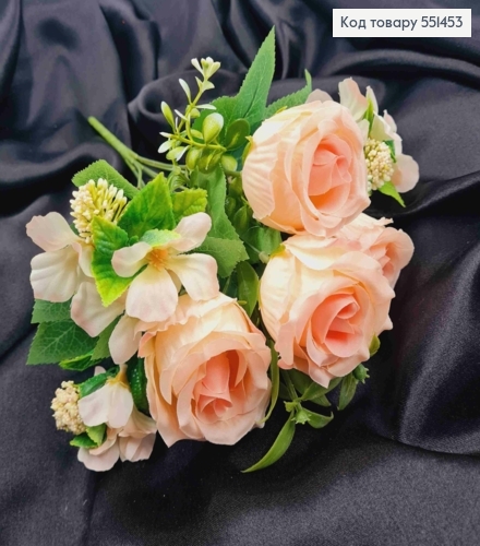 Штучна композиція Троянди з Жасміном, ПЕРСИКОВО-КРЕМОВІ, 7 гілочок на метал. стержні, висота 33см 551453 фото 1