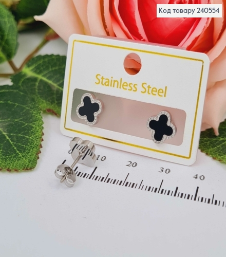Серьги гвоздики серебряного цвета, с черной эмалью, "Van Cleef", 1см, сталь Stainless Steel 240554 фото 1