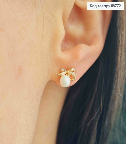 Серьги гвоздики Бантик с жемчужкой и блестящими камешками, 0,7см, XUPING 18K 118772 фото 2
