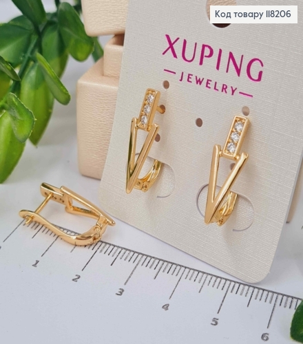 Серьги "Треугольники" украшены камешками, размер 2,1см, английская застежка, Xuping 18K 118206 фото 1